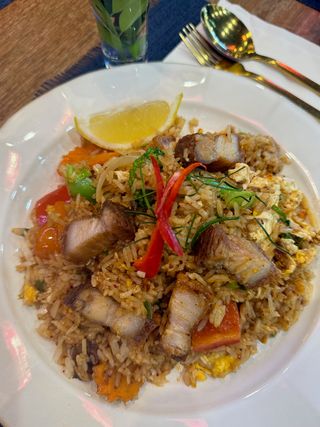 Chilli Jam Fried Rice with crispy Pork
